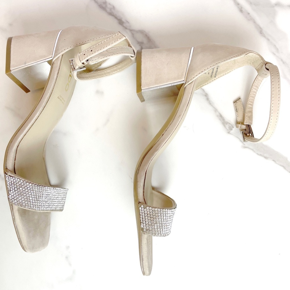 Aldo Kedeaviel Strappy Heeled OpenToe Sandals Metallic Silver Rhinestone Beige 5 - Picture 11 of 11